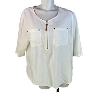 Anne Klein White Linen Blend 3/4 Convertible Sleeves Half Zip Tunic Blouse Sz XL